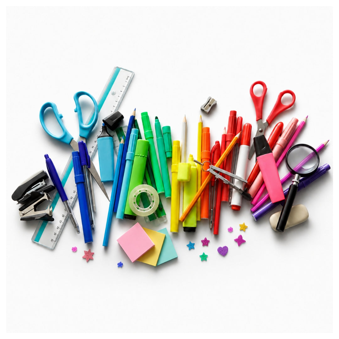 A colorful assortment of school and office supplies arranged on a white background, including scissors, pens, pencils, rulers, sticky notes, paper clips, tape, and a magnifying glass.