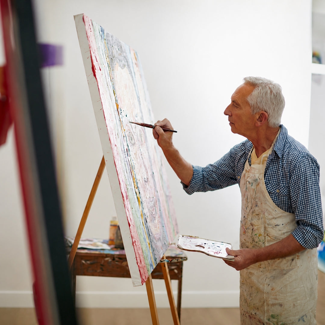 An older man with gray hair stands beside an easel, painting on a large canvas. He wears a blue-and-white check shirt and a beige paint-splattered apron, holding a palette and brush in a bright studio or gallery space.